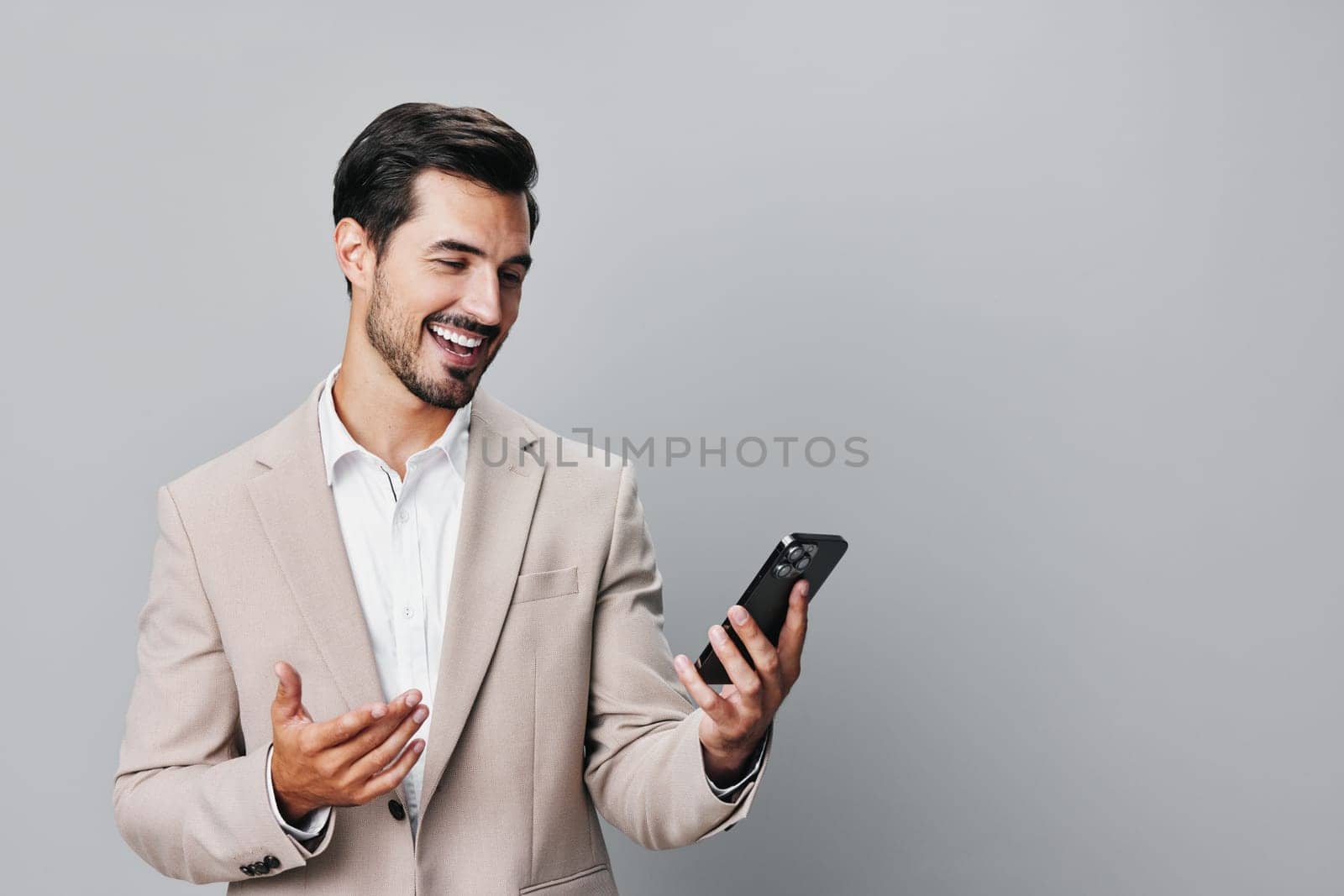 man hold call beard white internet male portrait business selfies online suit happy smartphone technology guy handsome confident copy phone space smile