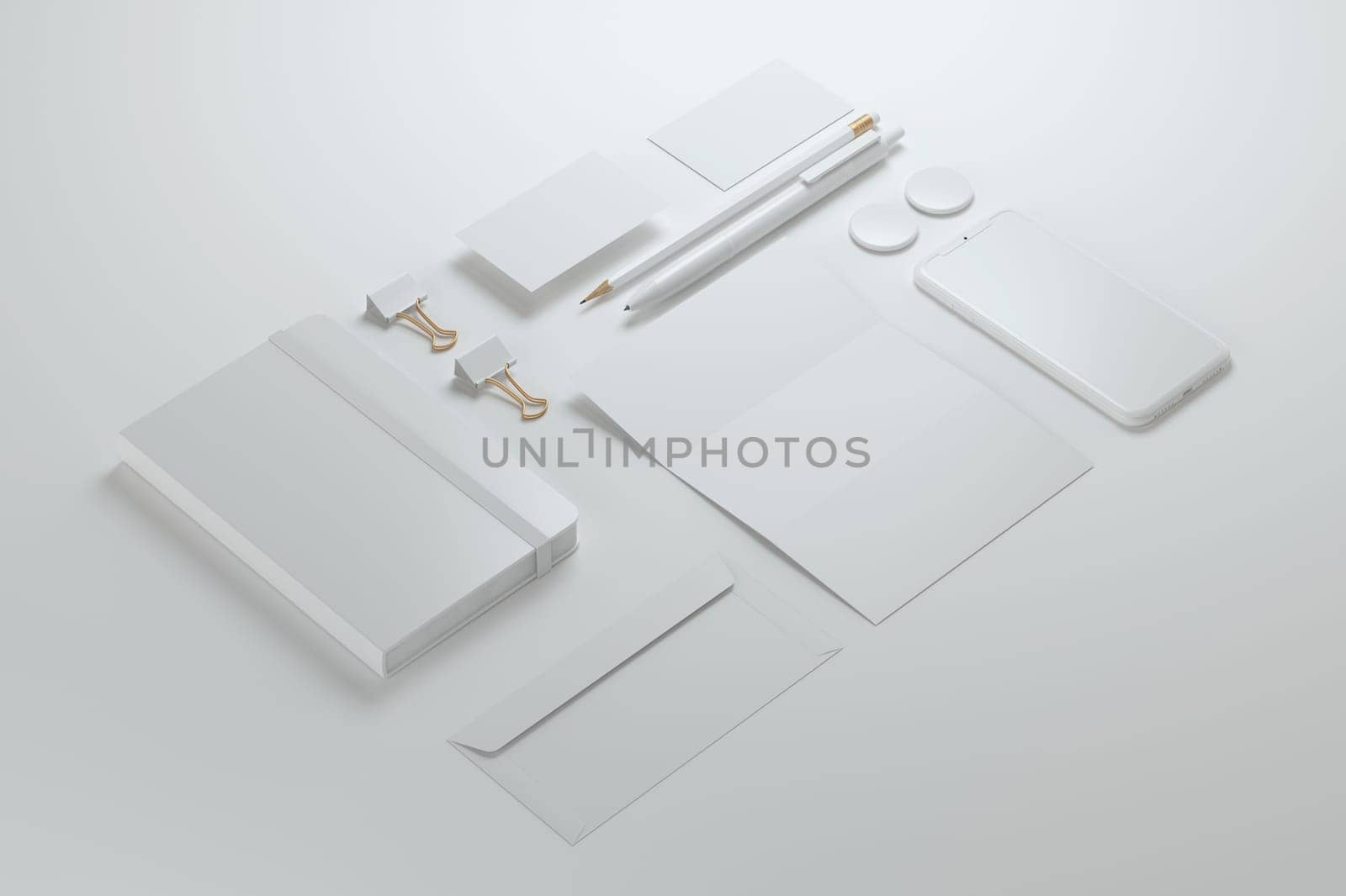 Office stationery set, envelope, sheet, business cards, pencil, pen and notebook. Mockup design. by ImagesRouges