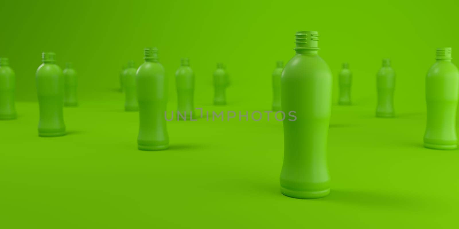 Formation of several plastic bottles on a green studio background. concept of plastic recycling and reuse on the planet. 3D rendering