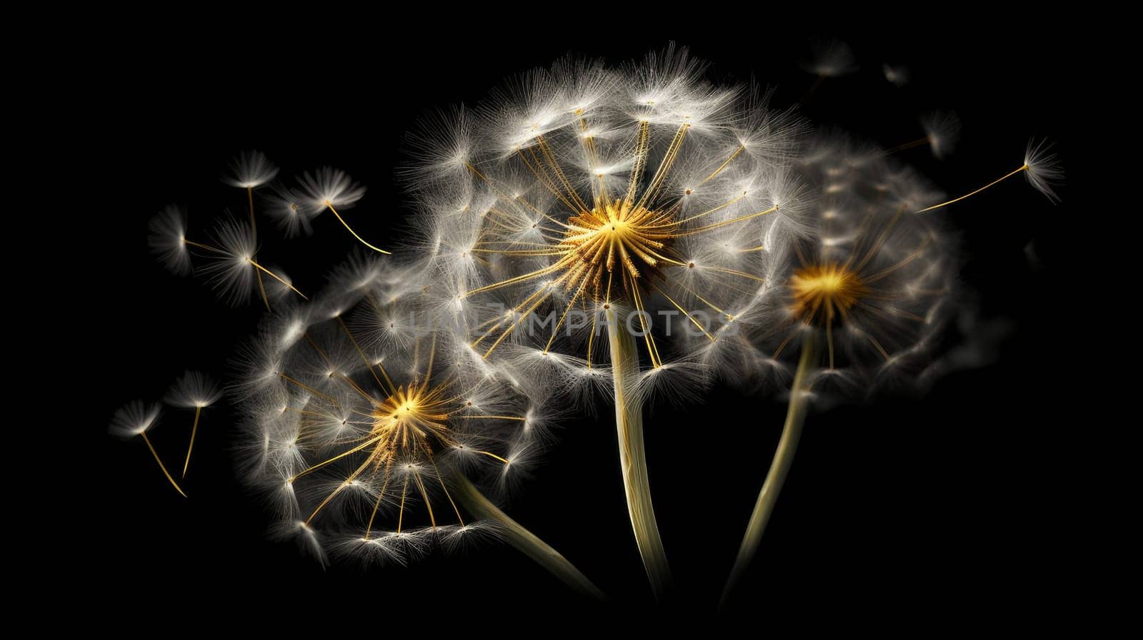 Dandelion scatters into white umbrellas, seeds on a black background. AI generated.