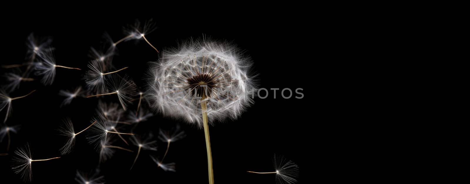 Dandelion scatters into white umbrellas, seeds on a black background. AI generated.