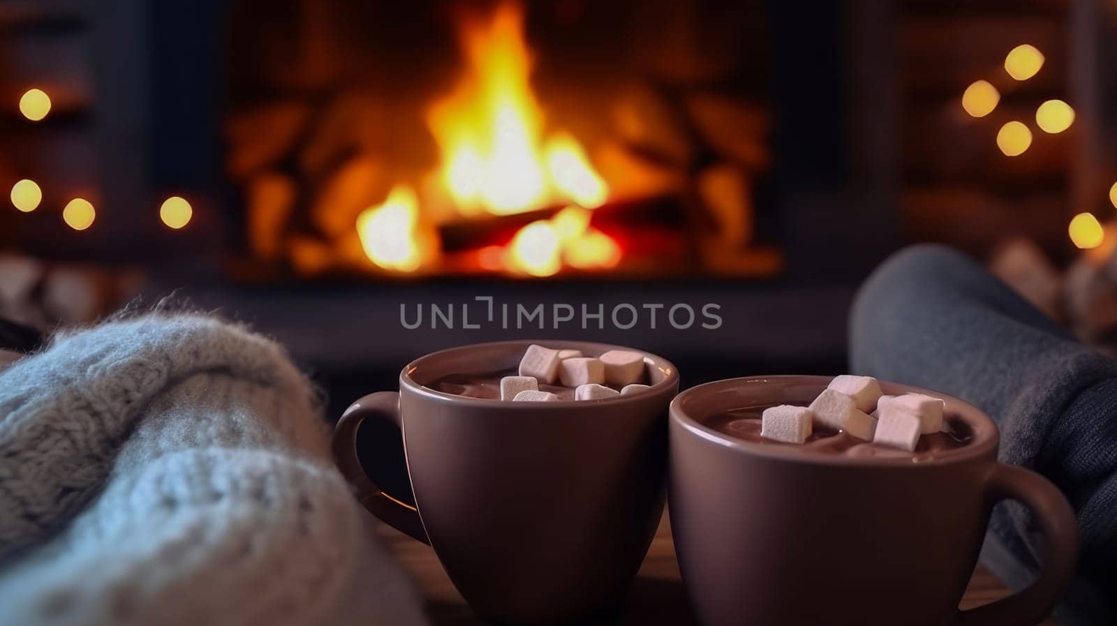 People hold in their hands two mugs of hot chocolate with marshmallows near the fireplace, on a winter evening. AI generated.
