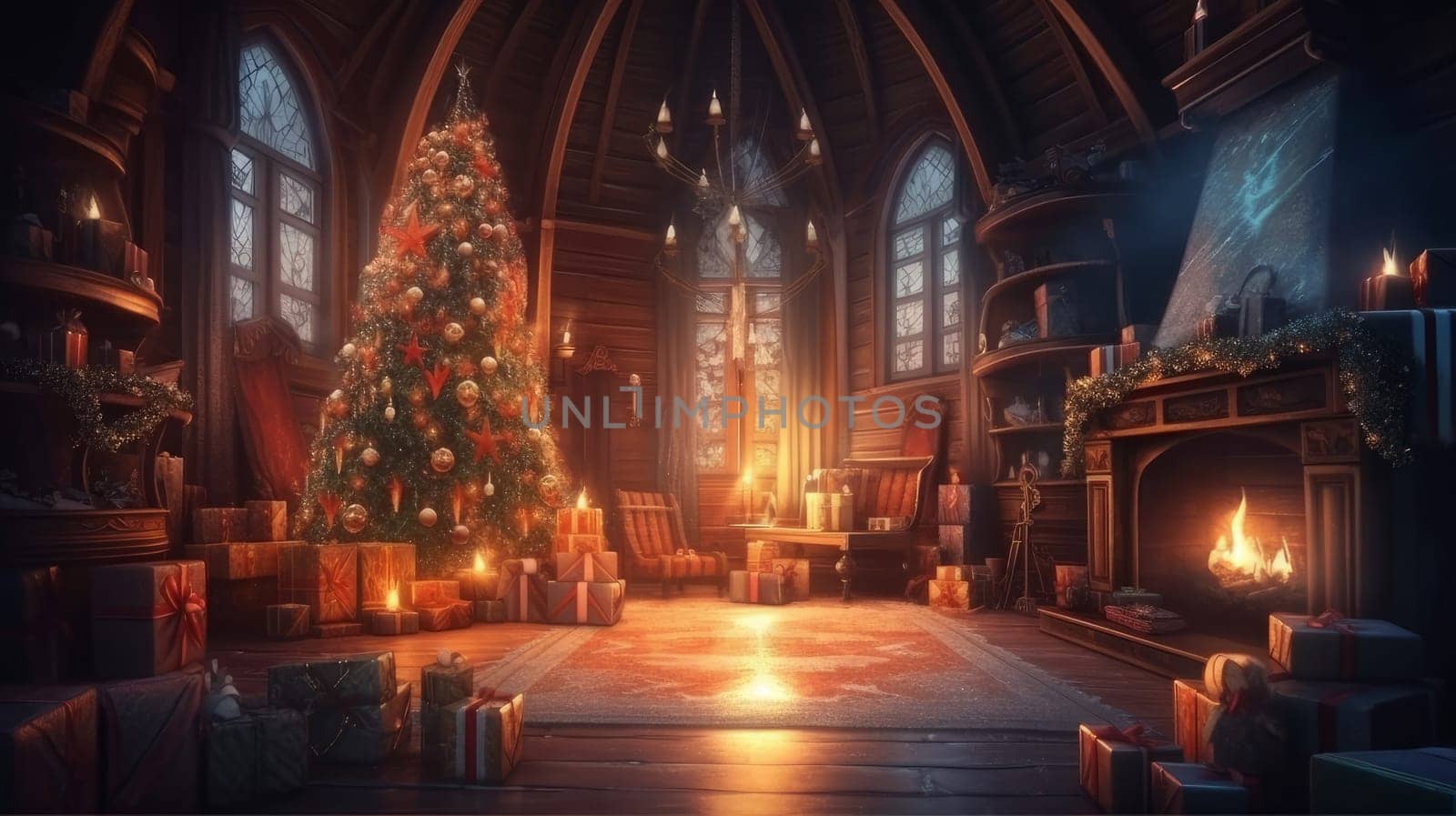 New Year's interior in the house with a Christmas tree and gifts on Christmas evening. AI generated.