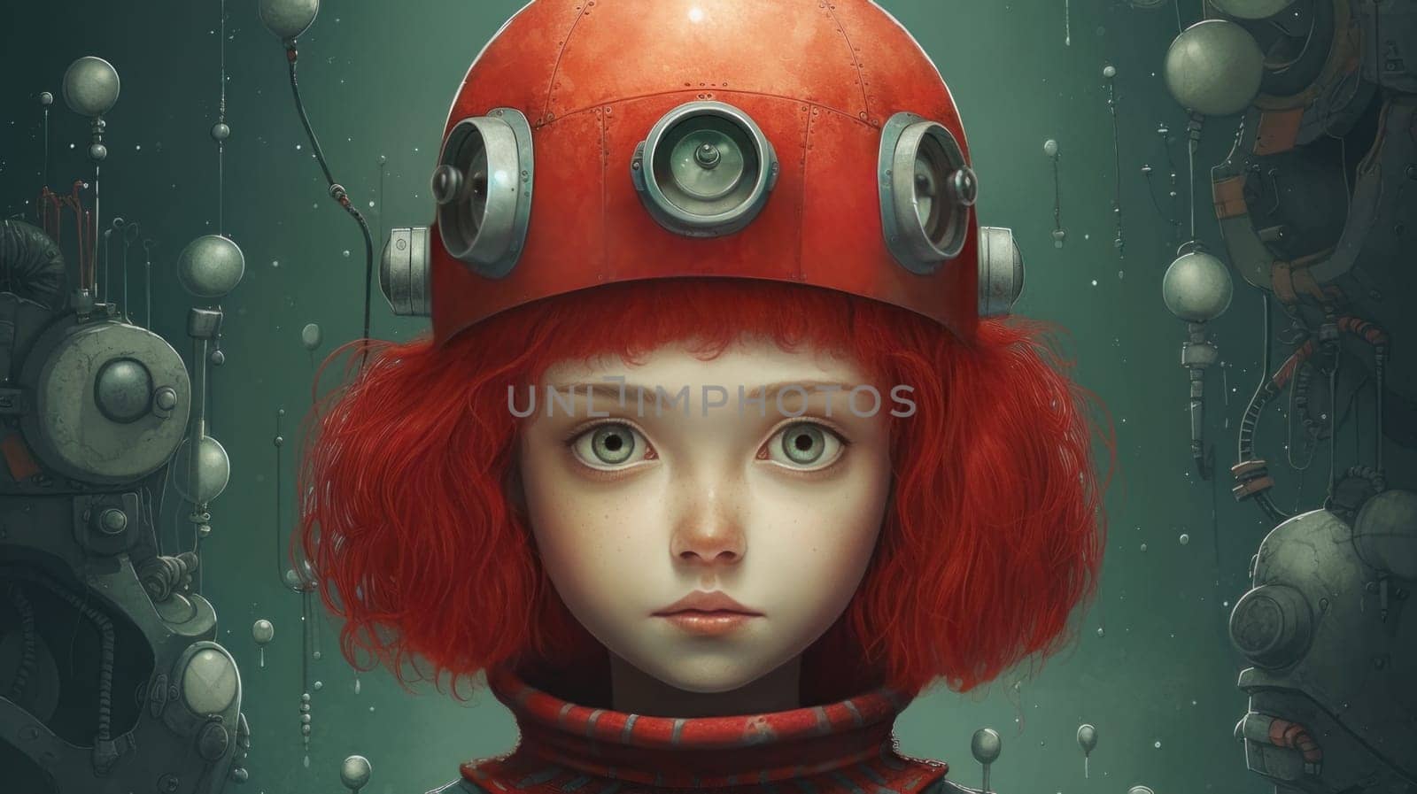 Portrait of a young girl with red hair in an astronaut helmet. New Year's and Christmas. AI generated.