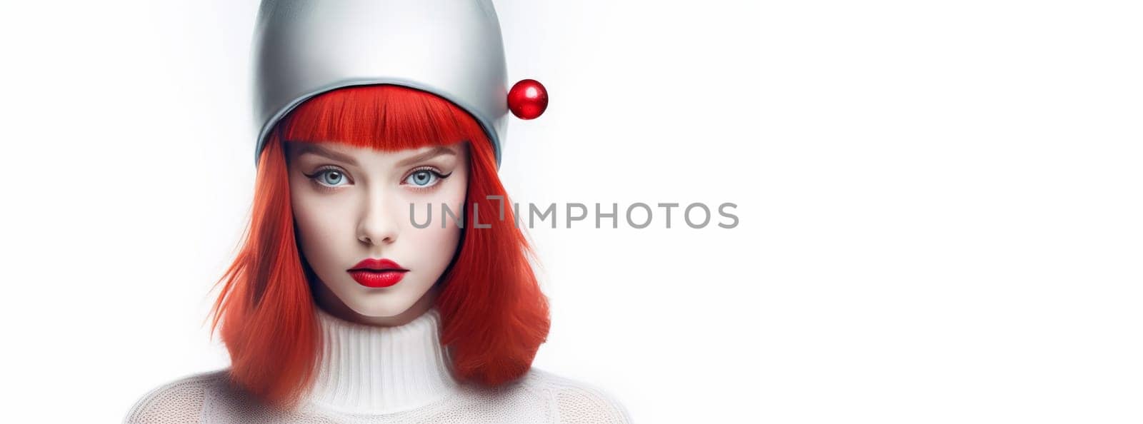 Portrait of a young, beautiful girl with red hair in a Santa Claus hat on a white background. New Year's and Christmas. AI generated.