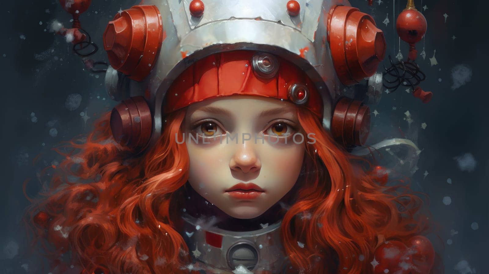 Portrait of a young girl with red hair in an astronaut helmet. New Year's and Christmas. AI generated.