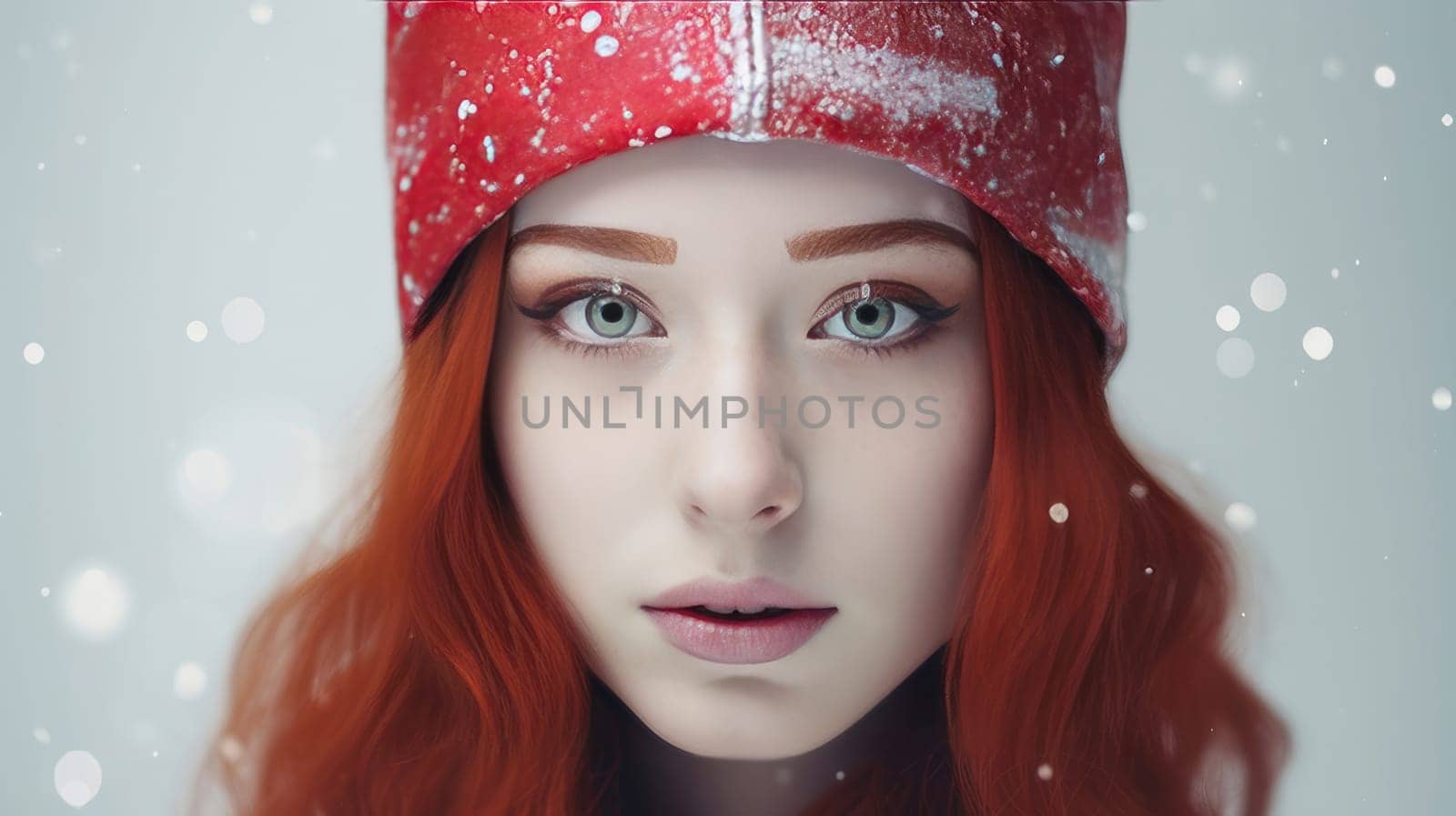 Portrait of a young, beautiful girl with red hair in a Santa Claus hat on a white background. New Year's and Christmas. AI generated.