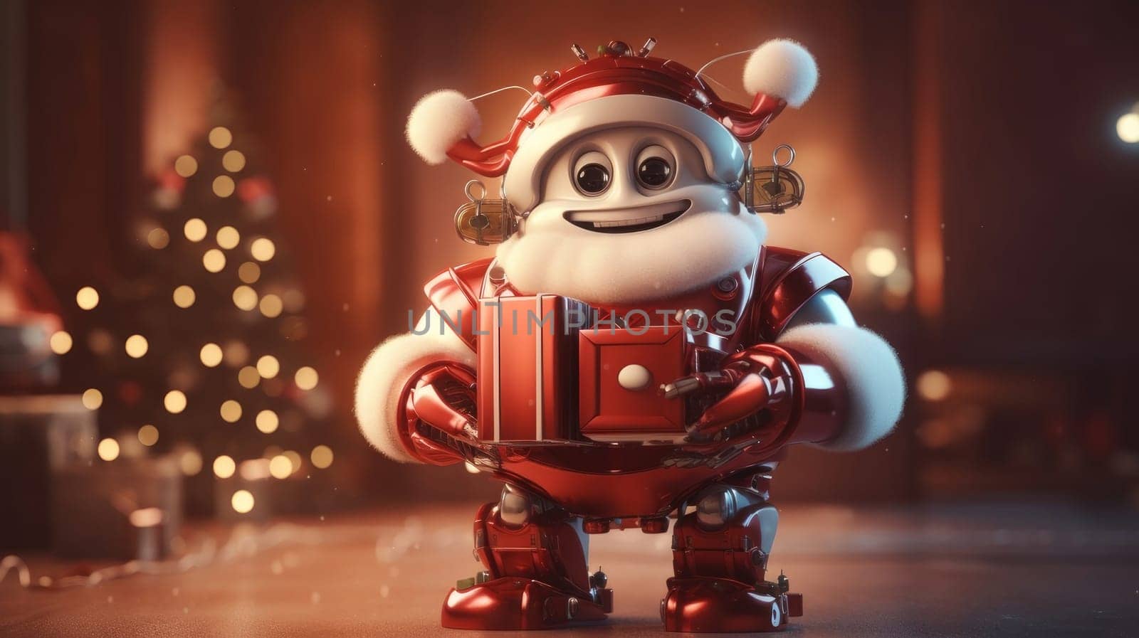 Robot Santa Claus with New Year and Christmas gifts on a plain background. AI generated.