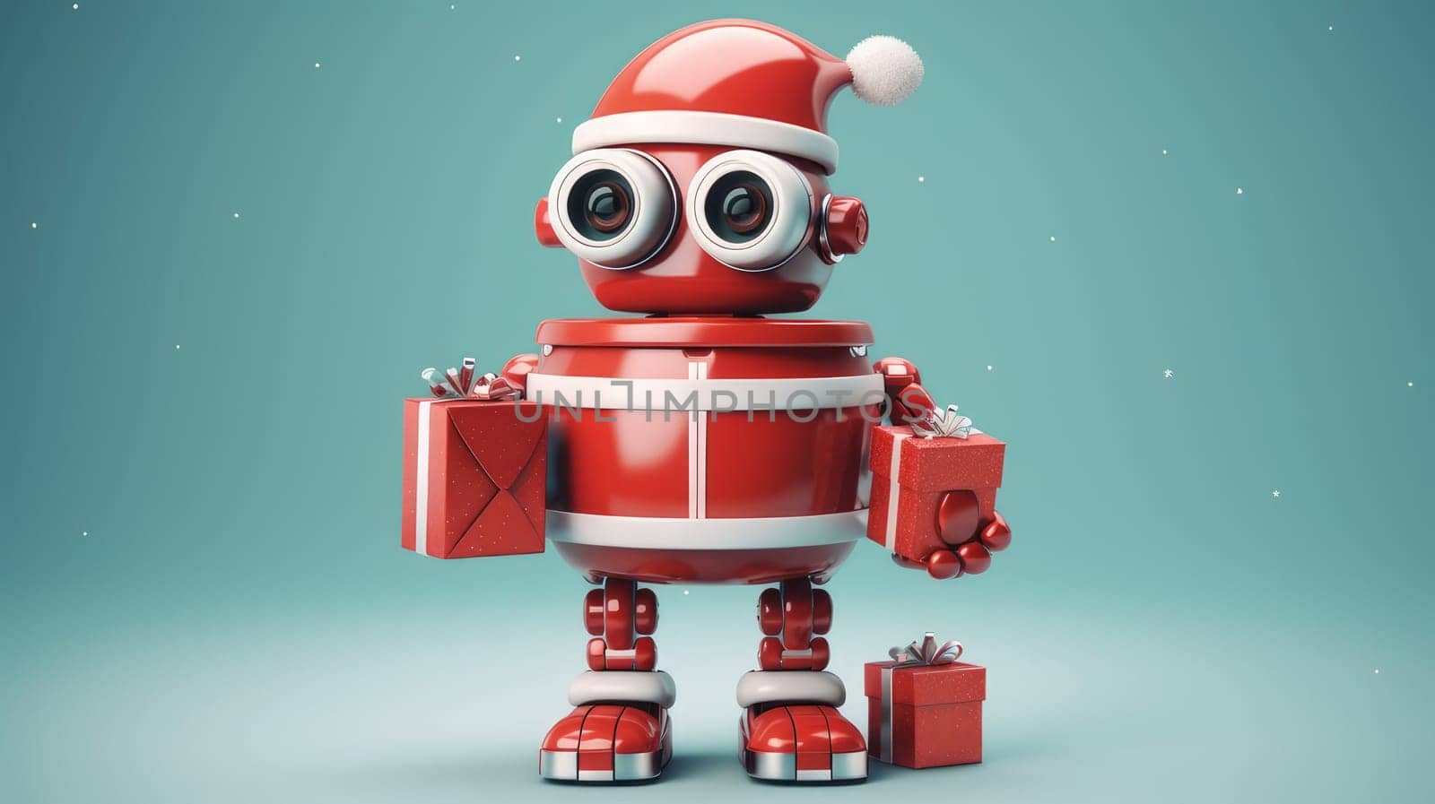 Robot Santa Claus with New Year and Christmas gifts on a plain background. AI generated.