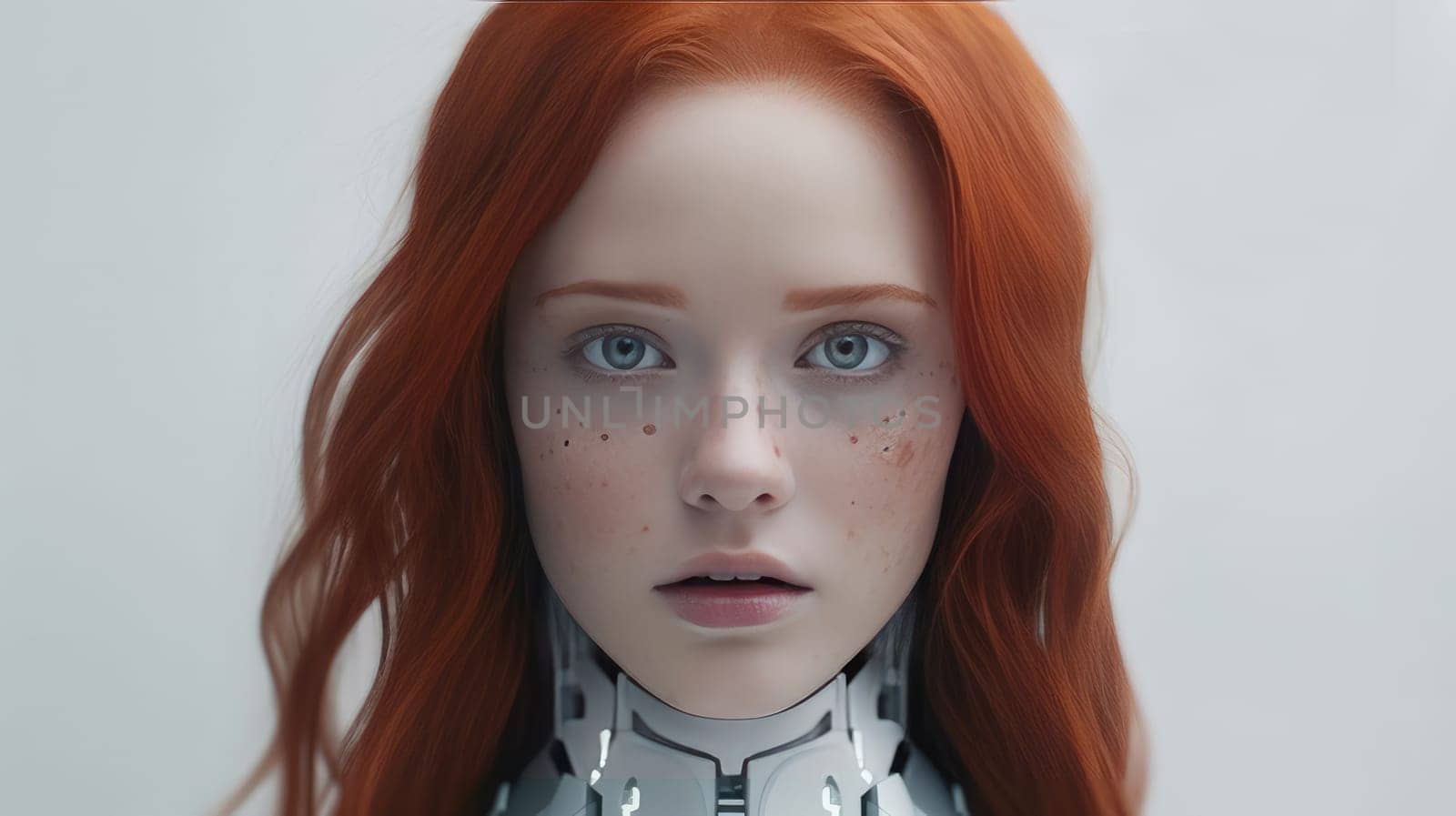 Portrait of a young girl with red hair, half with the face of a robot, a cyborg. Concept people coexist with modern technology and neural network