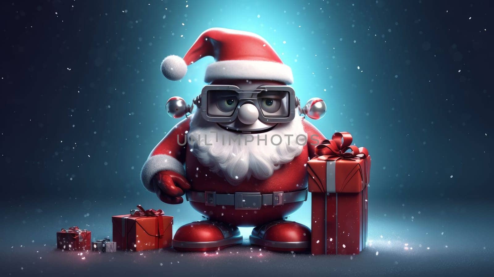 Robot Santa Claus with New Year and Christmas gifts on a plain background. AI generated.