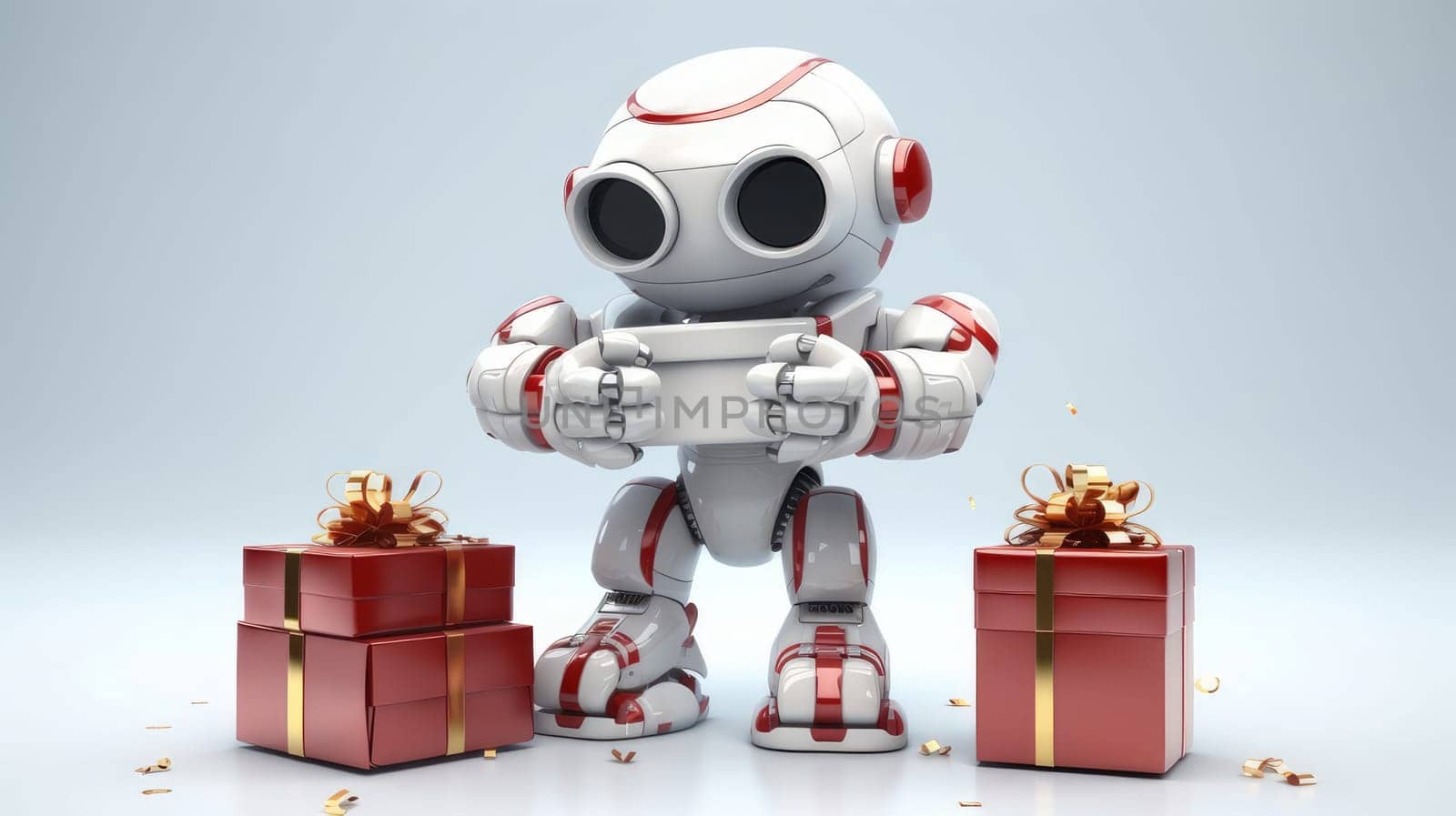 White, modern robot with New Year and Christmas gifts on a plain background. AI generated.