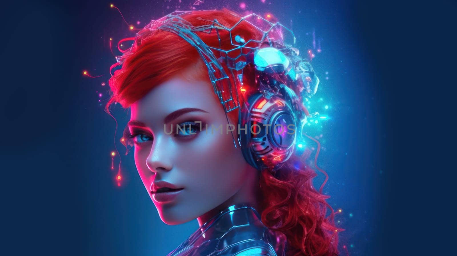 Humanoid cyber girl in virtual digital technologies in neon light, futuristic robot in 3d render. The concept of coexistence of people and robots