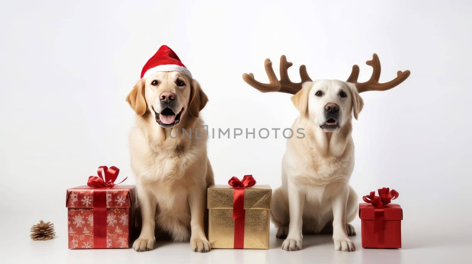 Dogs celebrating christmas holidays wearing red santa claus hat, reindeer antlers and red gift ribbon isolated on white background. AI generated