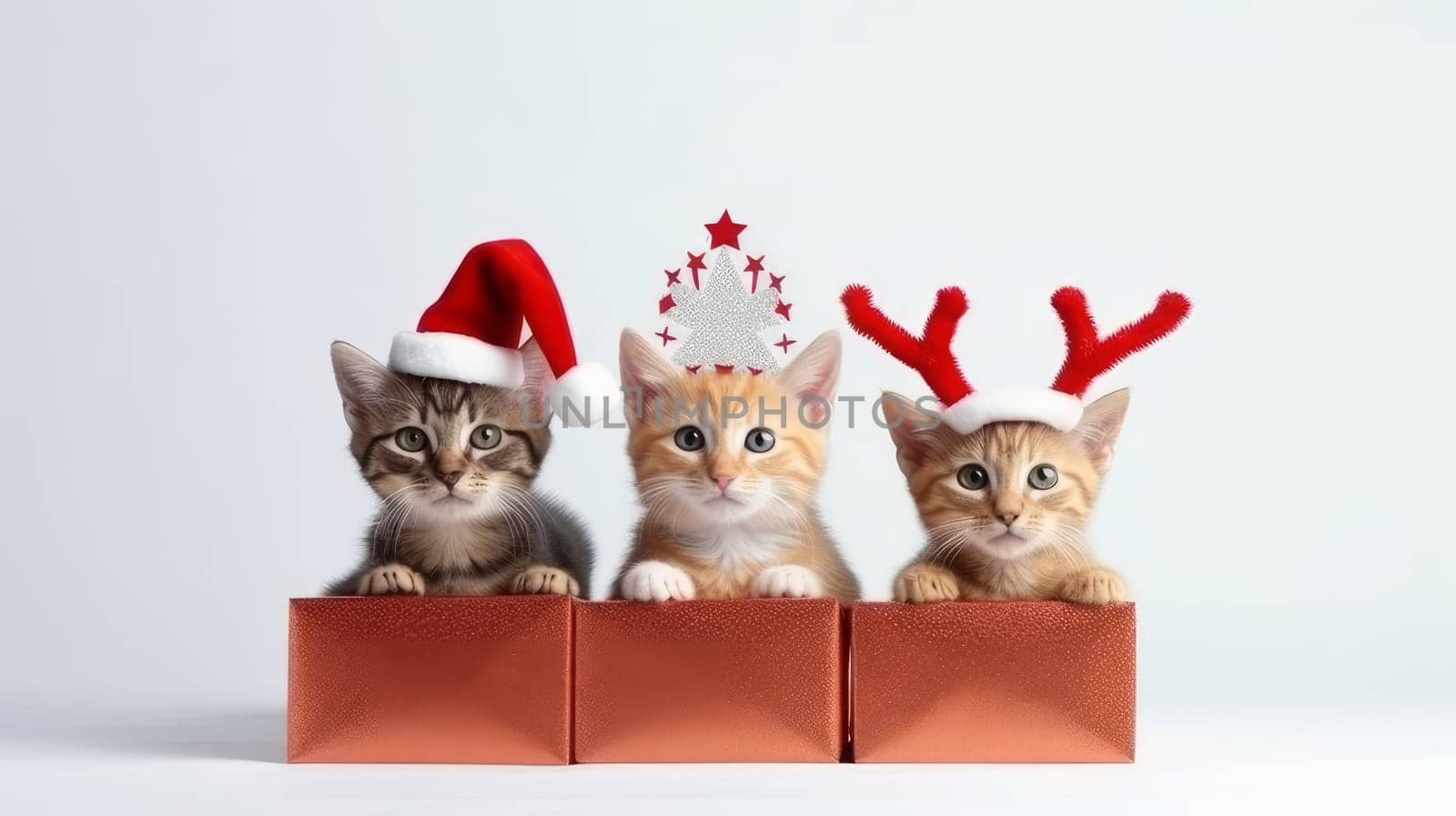 Cats and kittens celebrating the Christmas holidays in a red santa claus hat, reindeer antlers and a red gift ribbon on a white background. AI generated