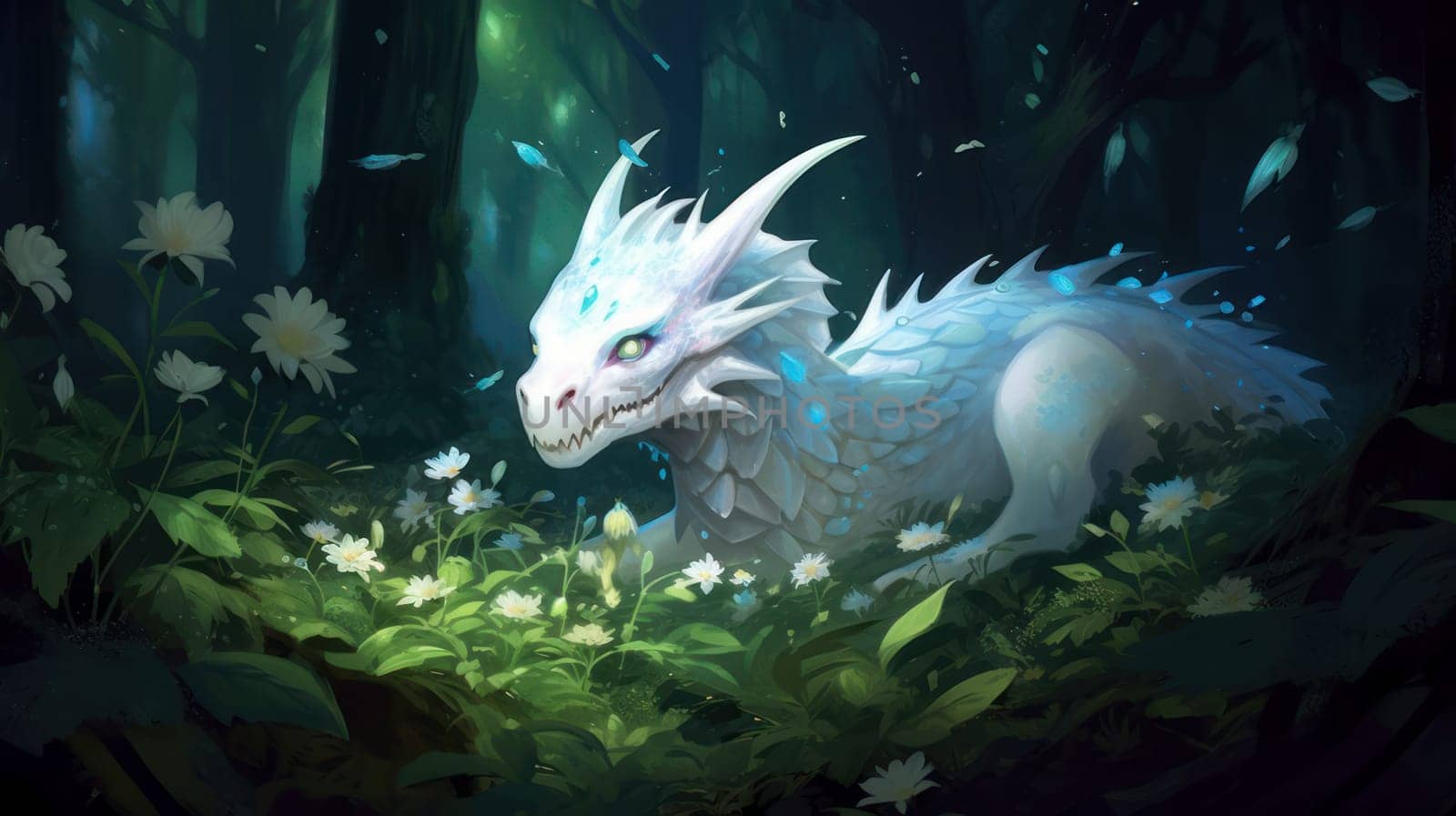 A large, white dragon is a symbol of the new year according to the eastern calendar in the forest. AI generated