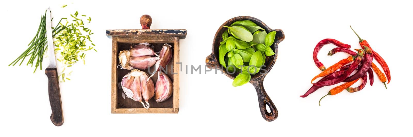 Set of spices and herbs with retro kitchen tools isolated on a white background