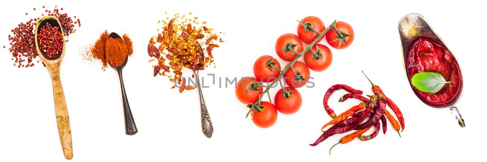 Set of spices in retro spoons, sauce and tomatoes isolated on a white background