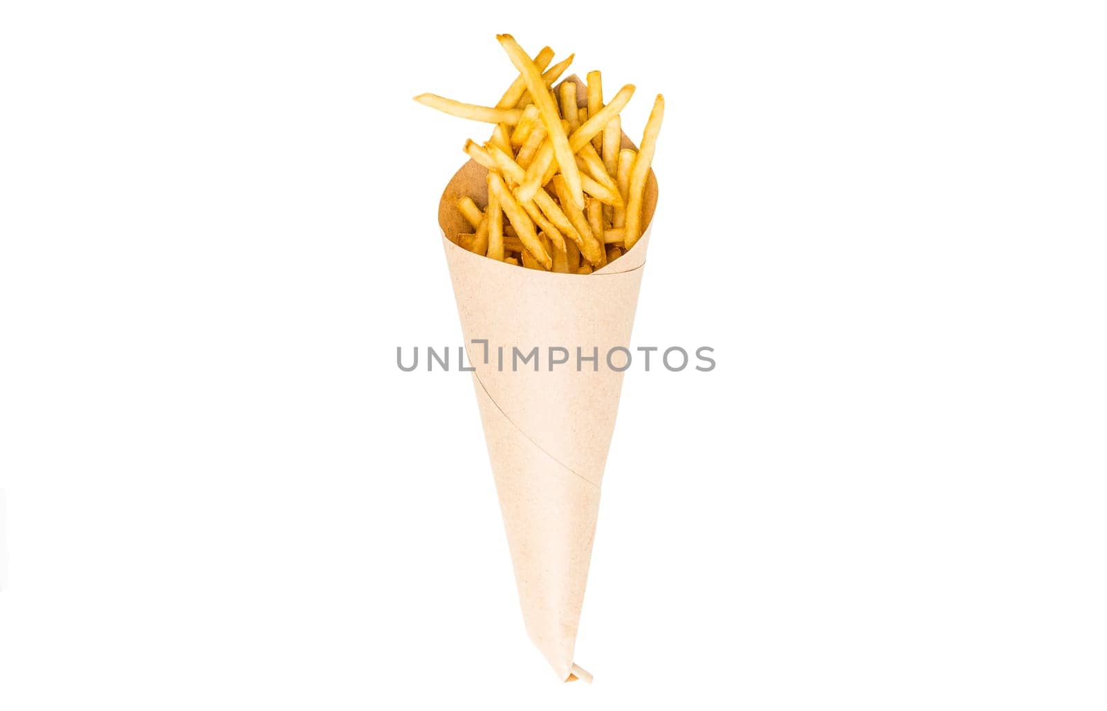 Fresh french fries chips wrapped in brown craft paper on a white background