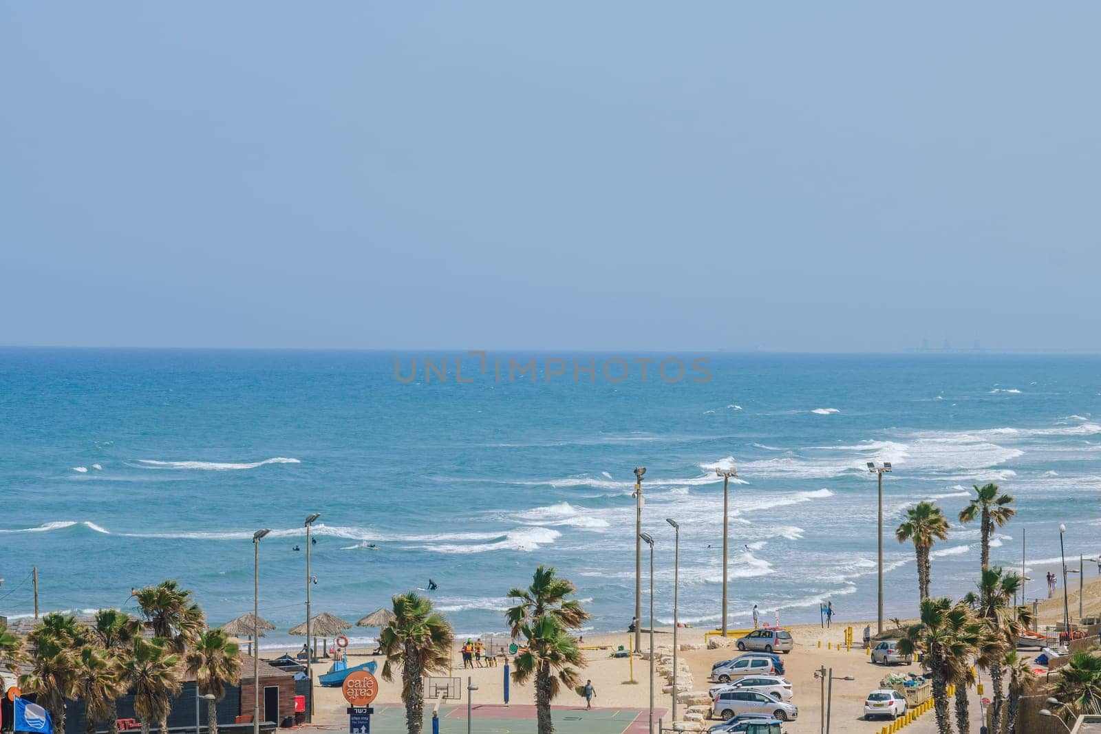 Embankment. Netanya, Israel. May 23, 2023. Palms on the beach in Netanya tropical city on the Mediterranean coast