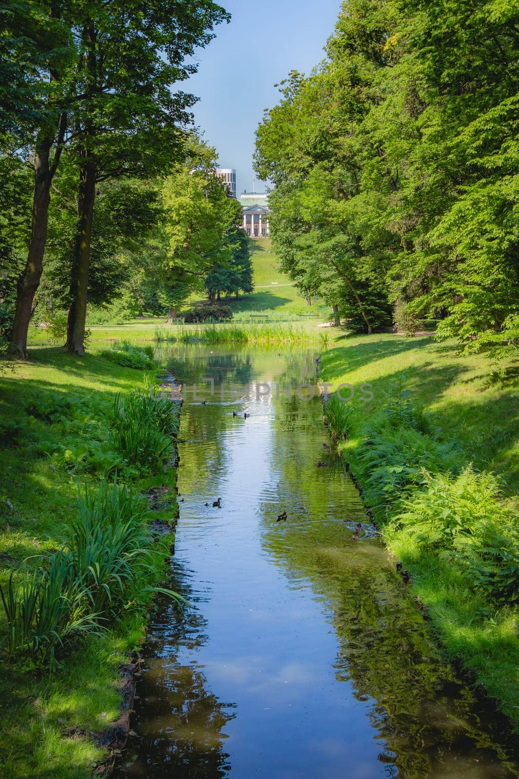 Beautiful stream with green grass and trees and the Belweder Palace at the horizon in Lazienki Park at Warsaw Poland.