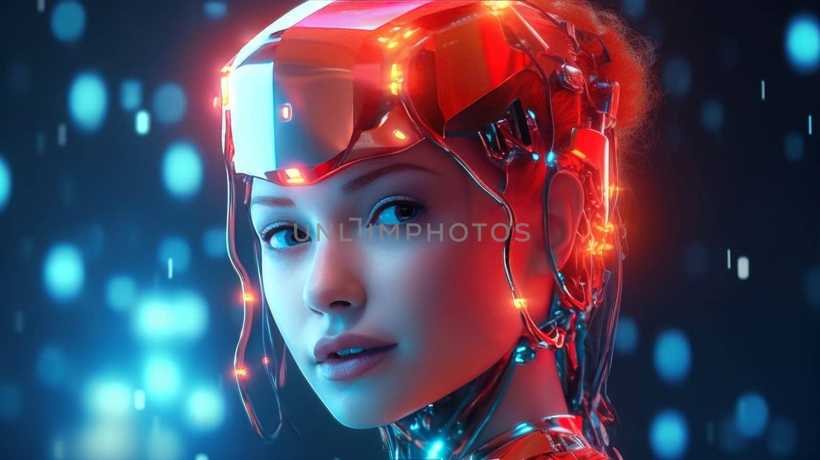 Humanoid cyber girl in virtual digital technologies in neon light, futuristic robot in 3d render. The concept of coexistence of people and robots