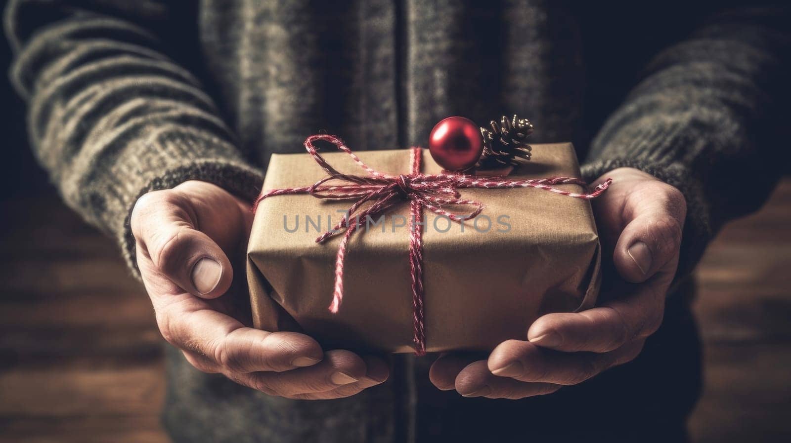 New Year and Christmas gifts, and boxes in the hands of an elderly man on a wooden background. Holiday concept. AI generated.