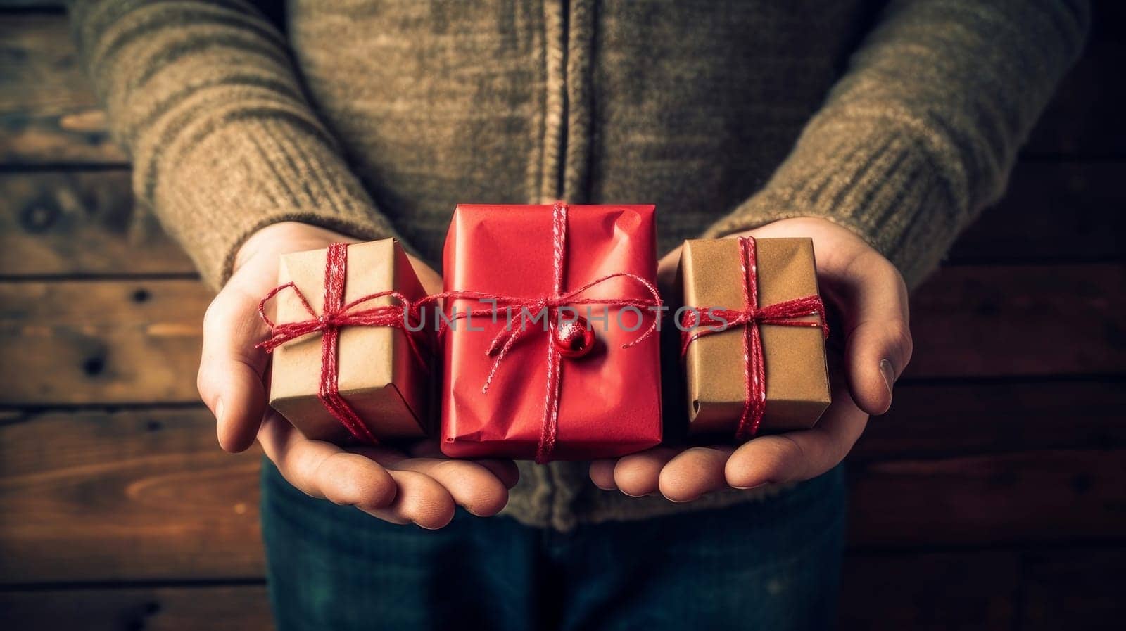 New Year and Christmas gifts, and boxes in the hands of an elderly man on a wooden background. Holiday concept. AI generated.