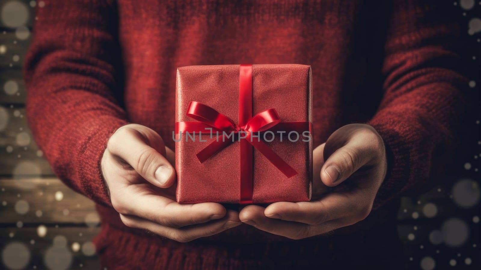 New Year and Christmas gifts, and boxes in the hands of an elderly man on a wooden background. Holiday concept. AI generated.