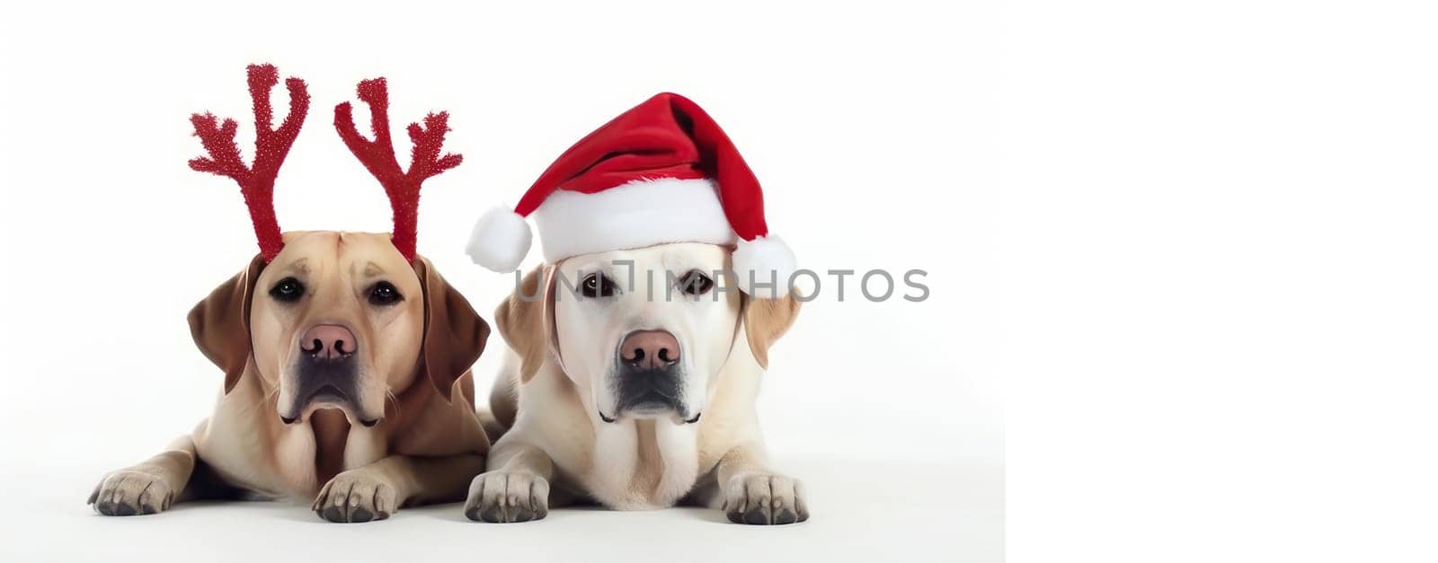 Dogs celebrating christmas holidays wearing red santa claus hat, reindeer antlers and red gift ribbon isolated on white background. AI generated. by Alla_Yurtayeva