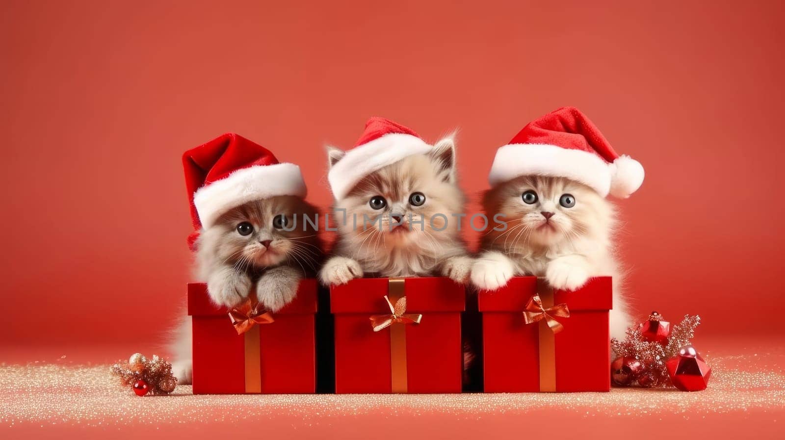 The cat and kittens celebrate the Christmas holidays in a red santa claus hat, reindeer antlers and a red gift ribbon on a red background. AI generated