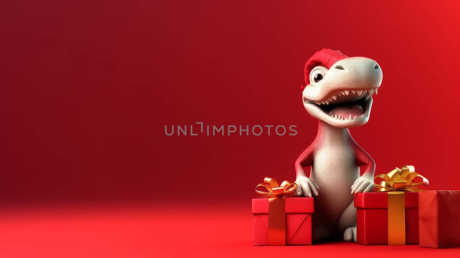 New Year's dragon is a symbol of the new year according to the eastern calendar in a Santa Claus hat with New Year and Christmas gifts on a red background. AI generated