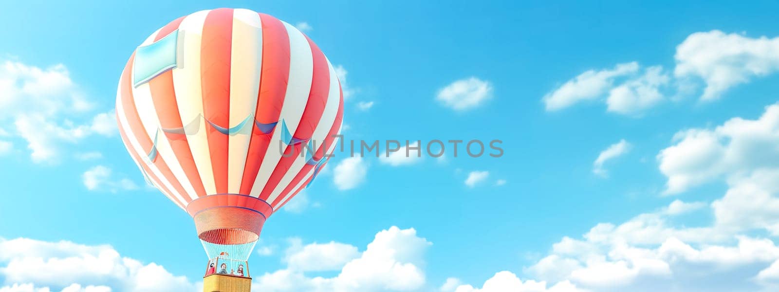 adventure in colorful hot air balloon on blue sky, banner with copy space, made with Generative AI by Edophoto