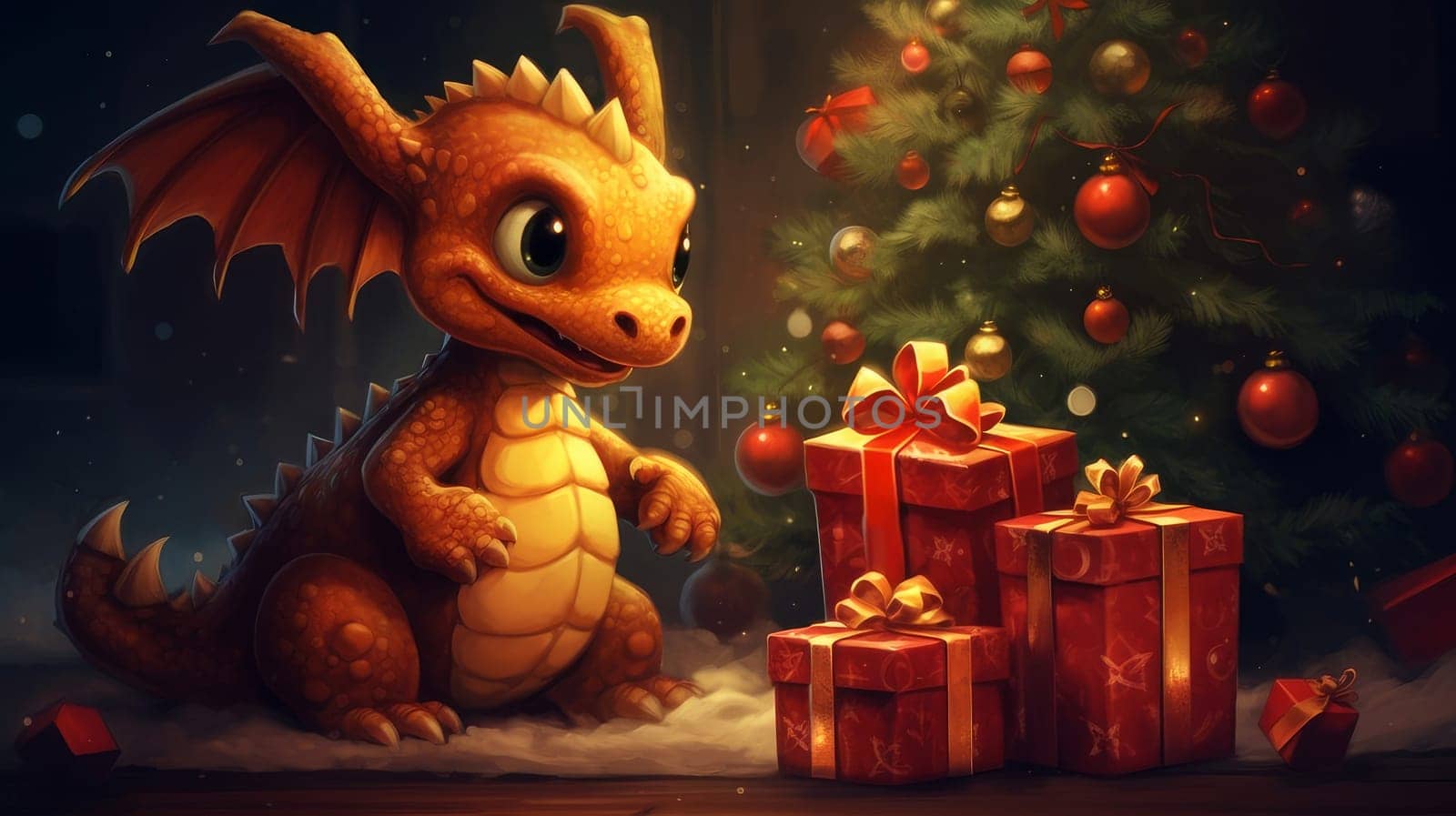 The dragon is a symbol of the new year according to the eastern calendar and a small child is together near the New Year tree with Christmas gifts and lights. AI generated