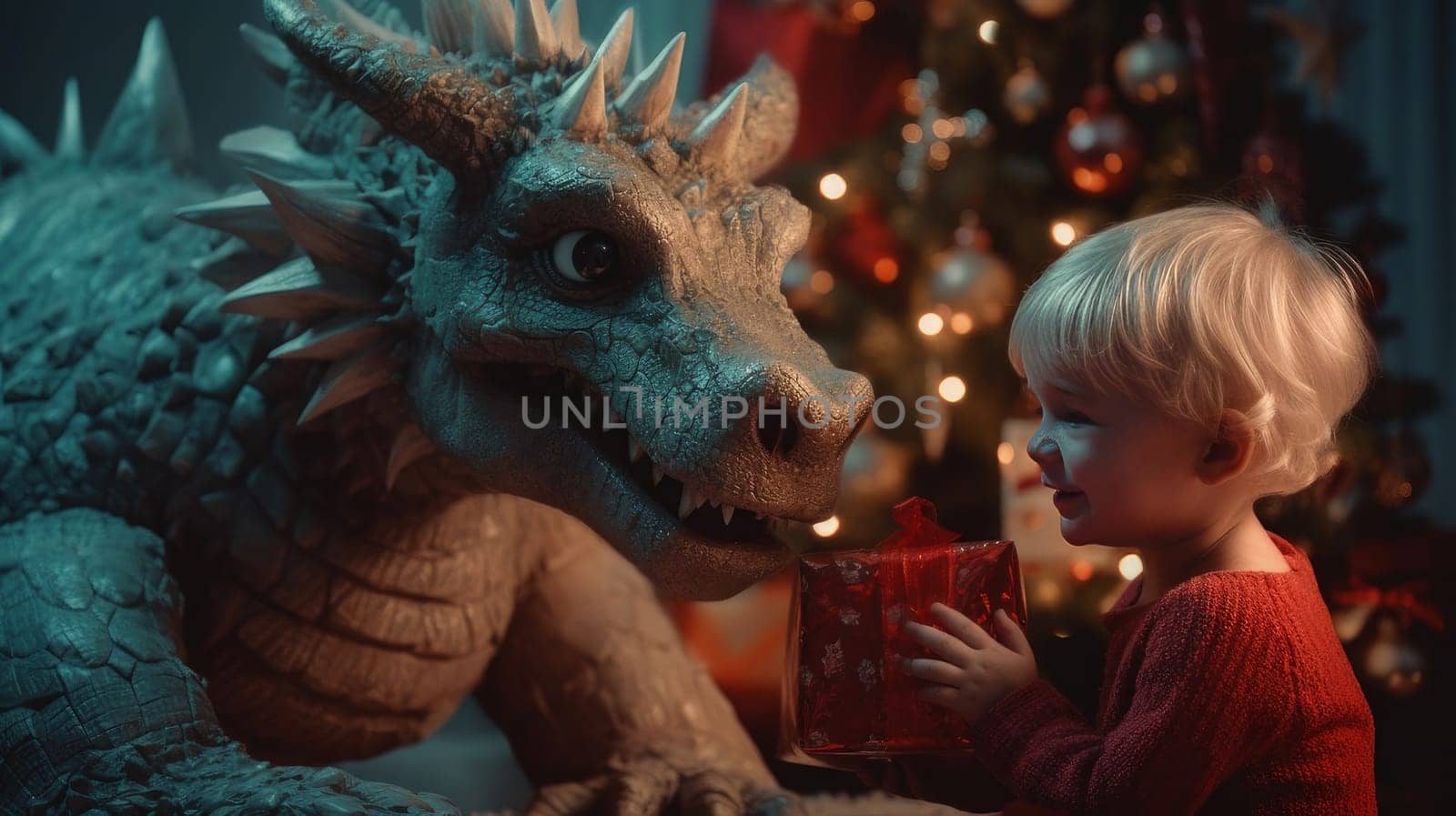 The dragon is a symbol of the new year according to the eastern calendar and a small child is together near the New Year tree with Christmas gifts and lights. AI generated