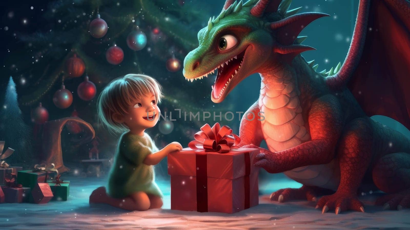 The dragon is a symbol of the new year according to the eastern calendar and a small child is together near the New Year tree with Christmas gifts and lights. AI generated