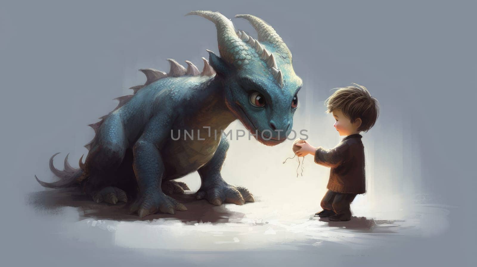 The dragon is a symbol of the new year according to the eastern calendar and a small child together on a white background. AI generated