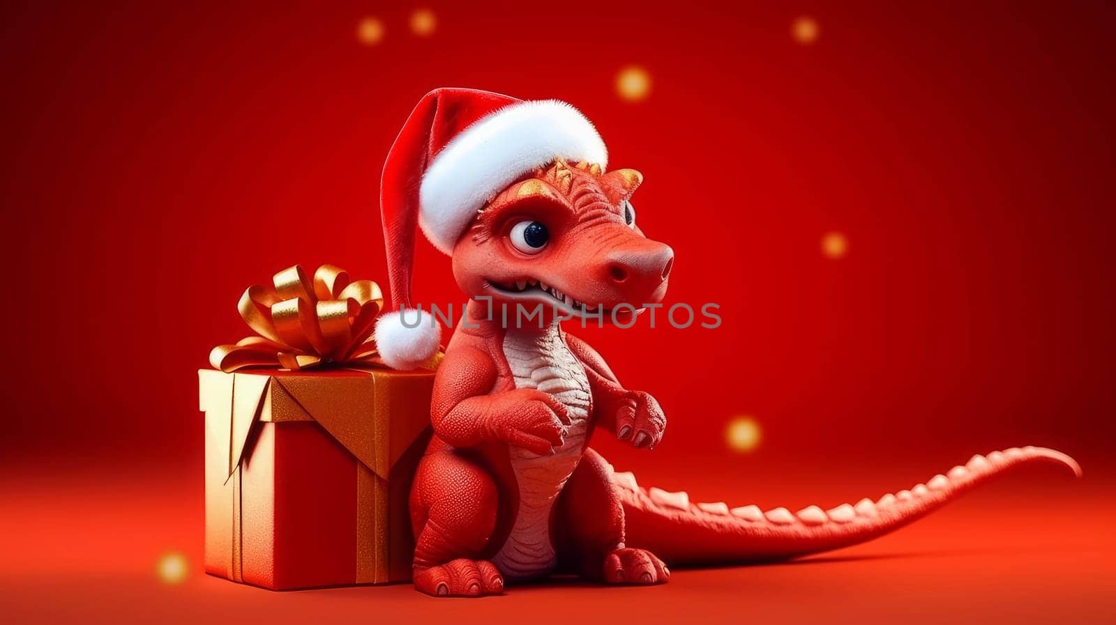 New Year's dragon is a symbol of the new year according to the eastern calendar in a Santa Claus hat with New Year and Christmas gifts on a red background. AI generated