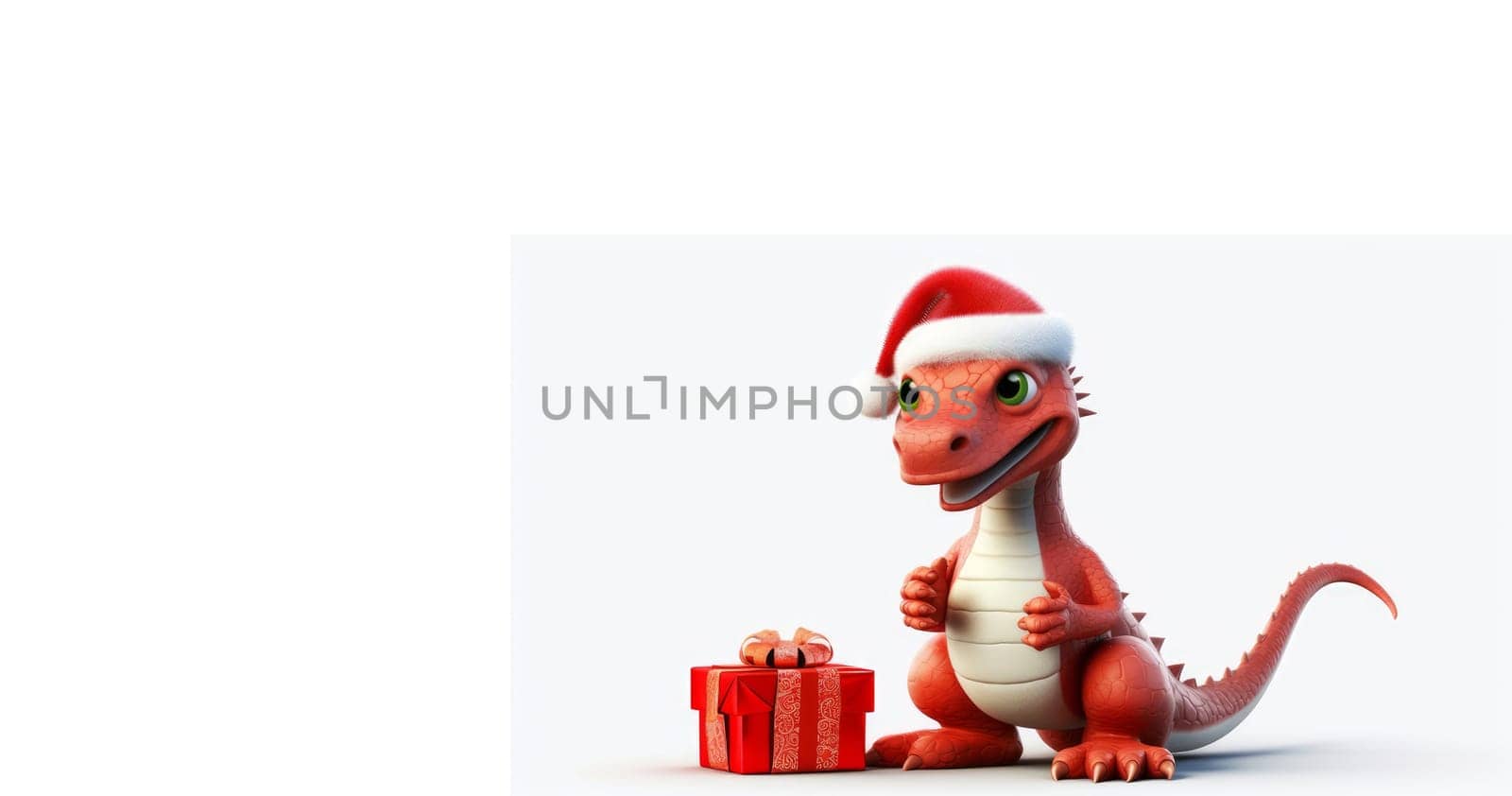 New Year's dragon is a symbol of the new year according to the eastern calendar in a Santa Claus hat with New Year and Christmas gifts on a white background. AI generated