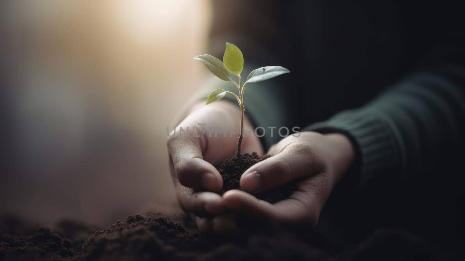 Close Up Plant in male Hands. Care of the Environment. Ecology concept. Generative AI.