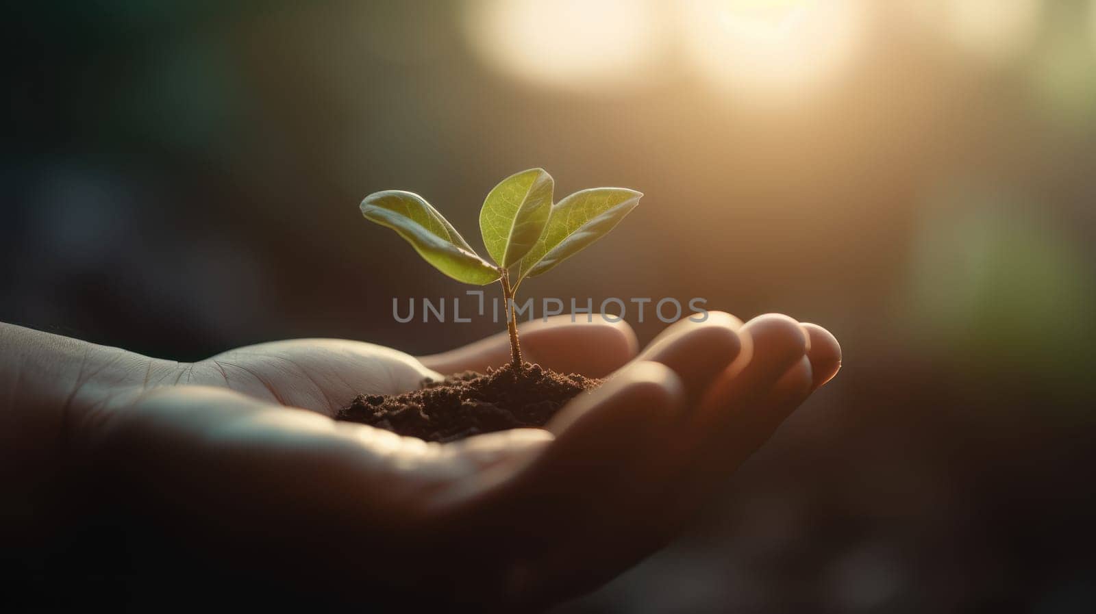 Close Up Plant in male Hands. Care of the Environment. Ecology concept. Generative AI.