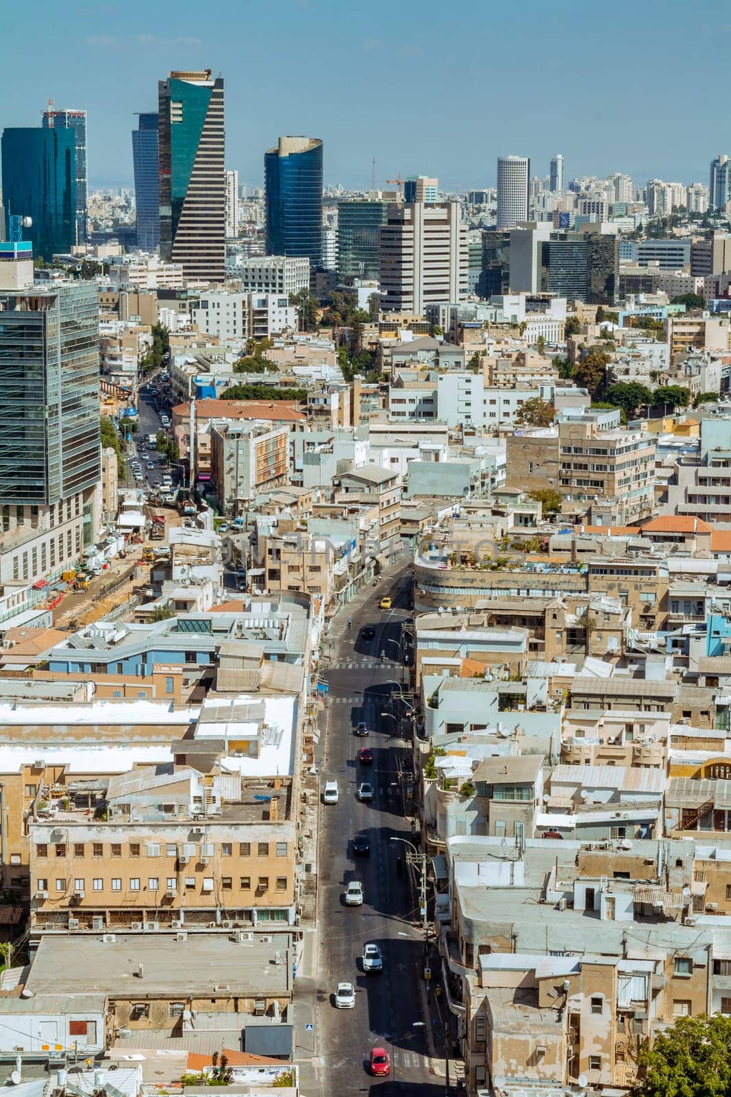 Aerial view of Tel Aviv skyscrapers cityspace. A combination of new and old construction.