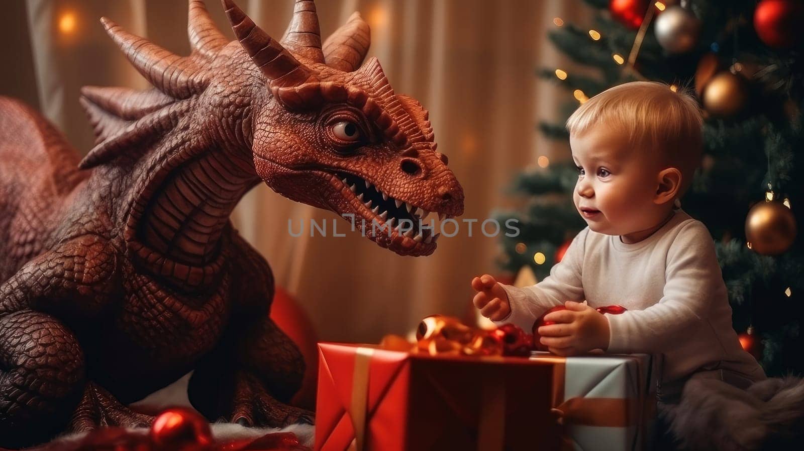The dragon is a symbol of the new year according to the eastern calendar and a small child is together near the New Year tree with Christmas gifts and lights. AI generated