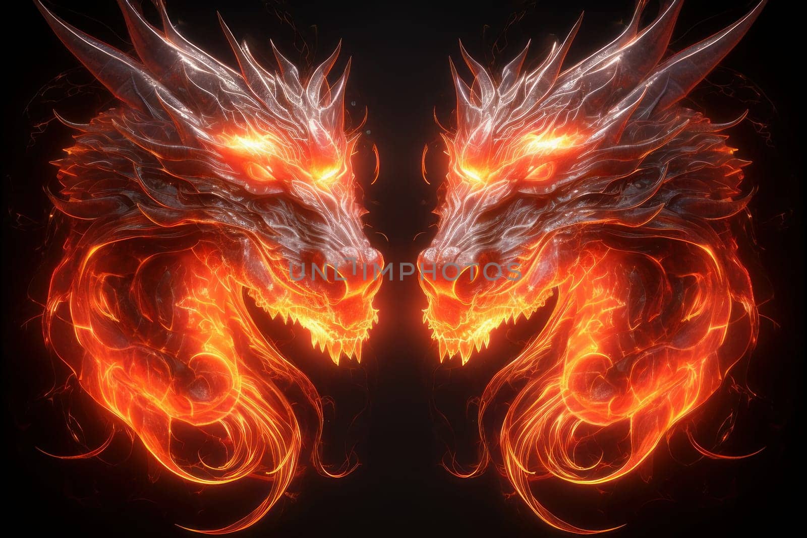 Two heads of a dragon on fire are a symbol of the new year according to the eastern calendar in the forest. AI generated.