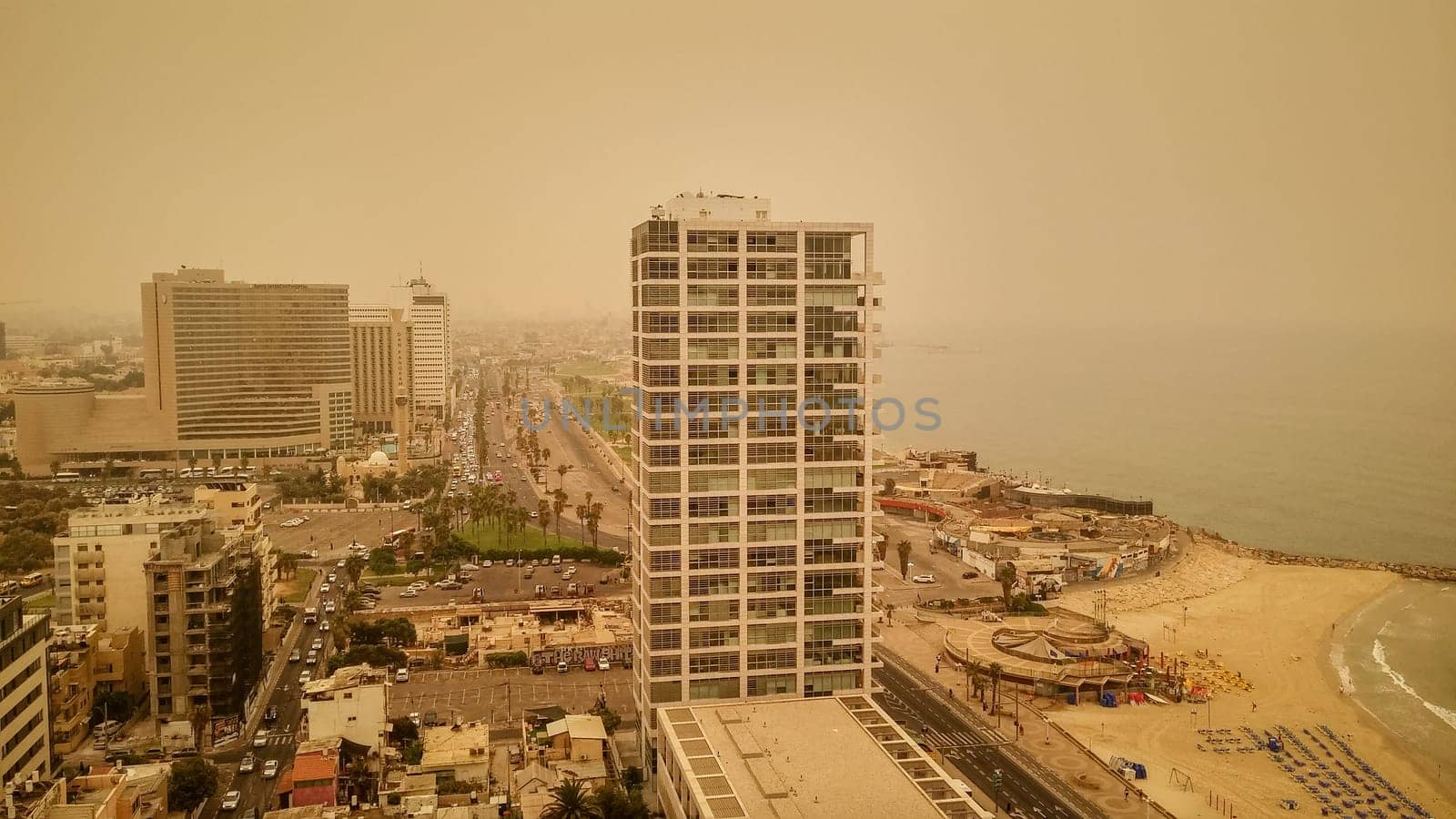 Tel Aviv city during the haze of sand on August 9, 2015
