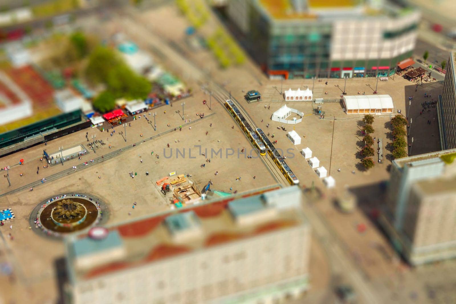 Aerial view of the Alexanderplatz public square in Berlin. with tilt-shift effect.