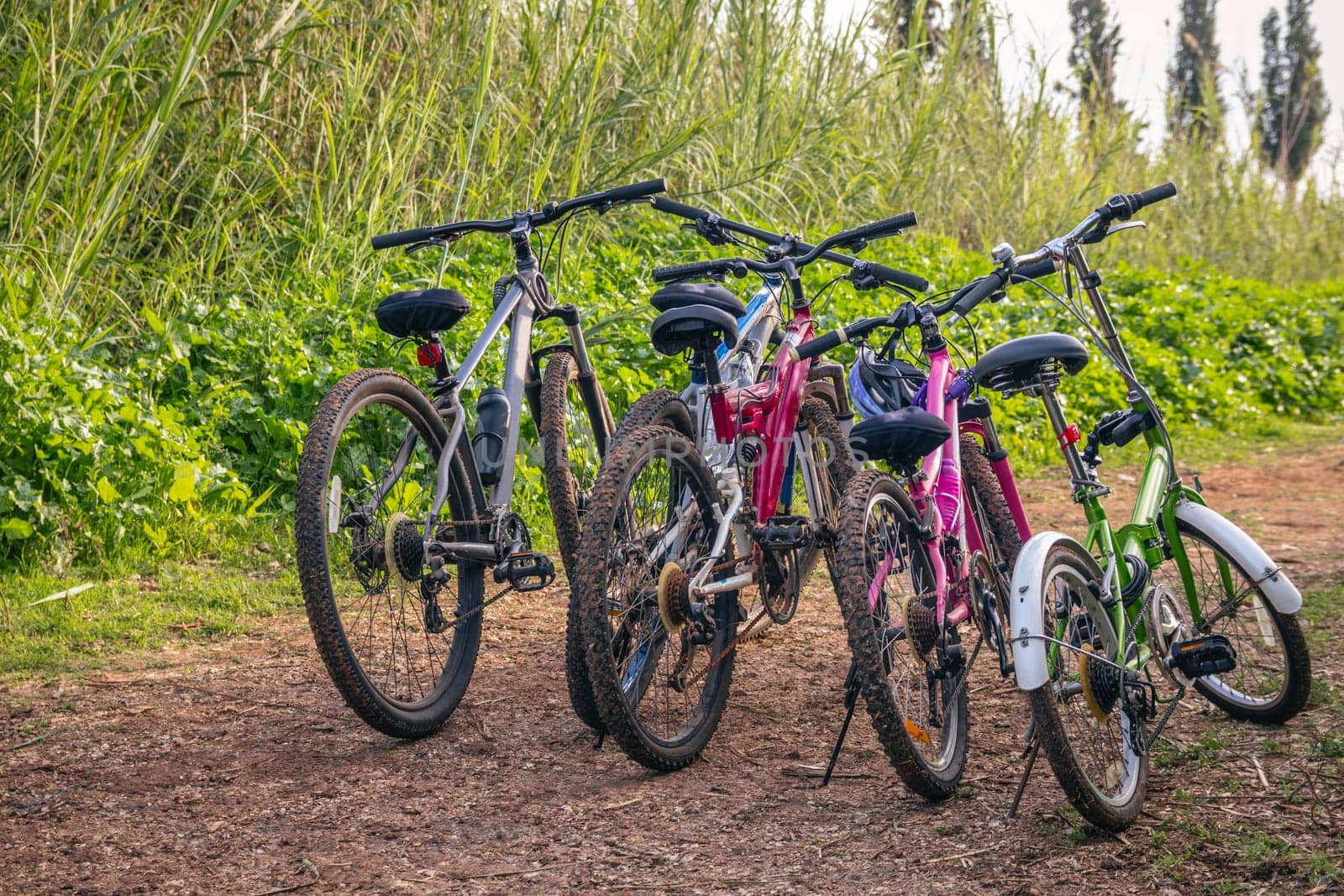 Several bicycles parked on a dirt road.