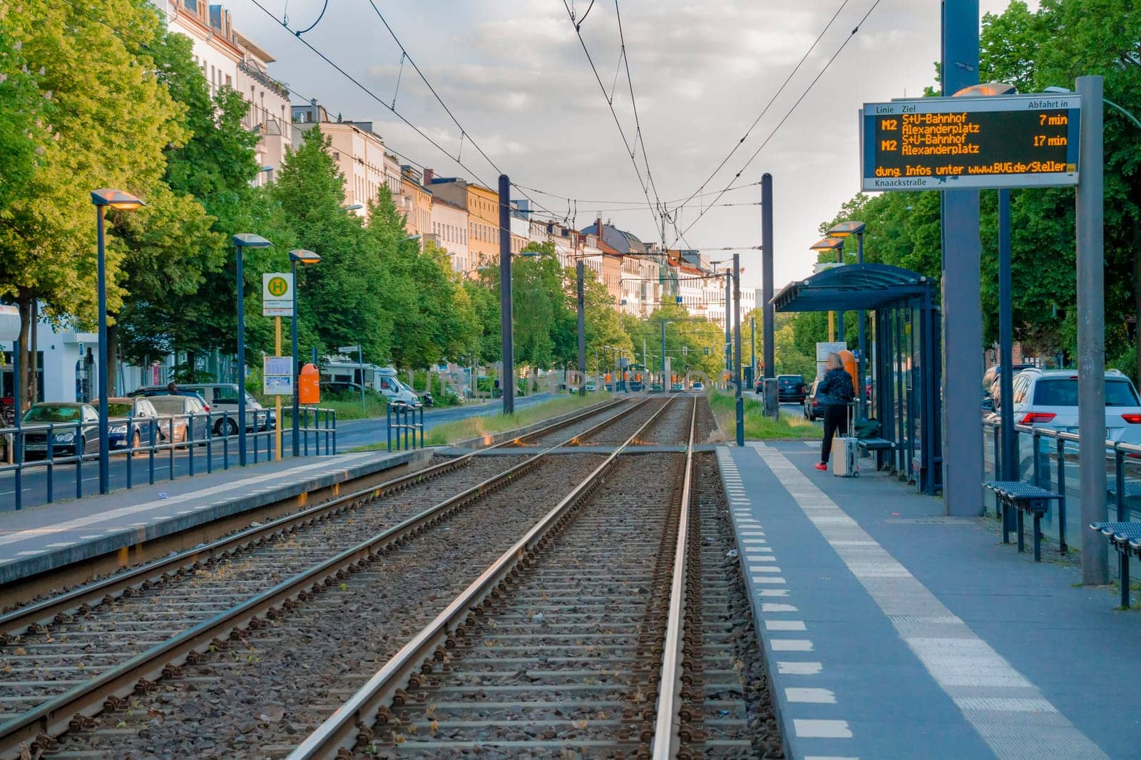 Tram railway platform in the street of Berlin city.