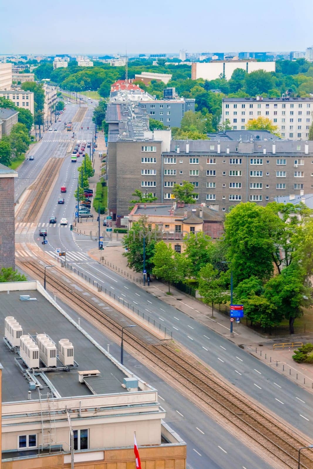 Aerial view of the Warsaw skyline buildings.