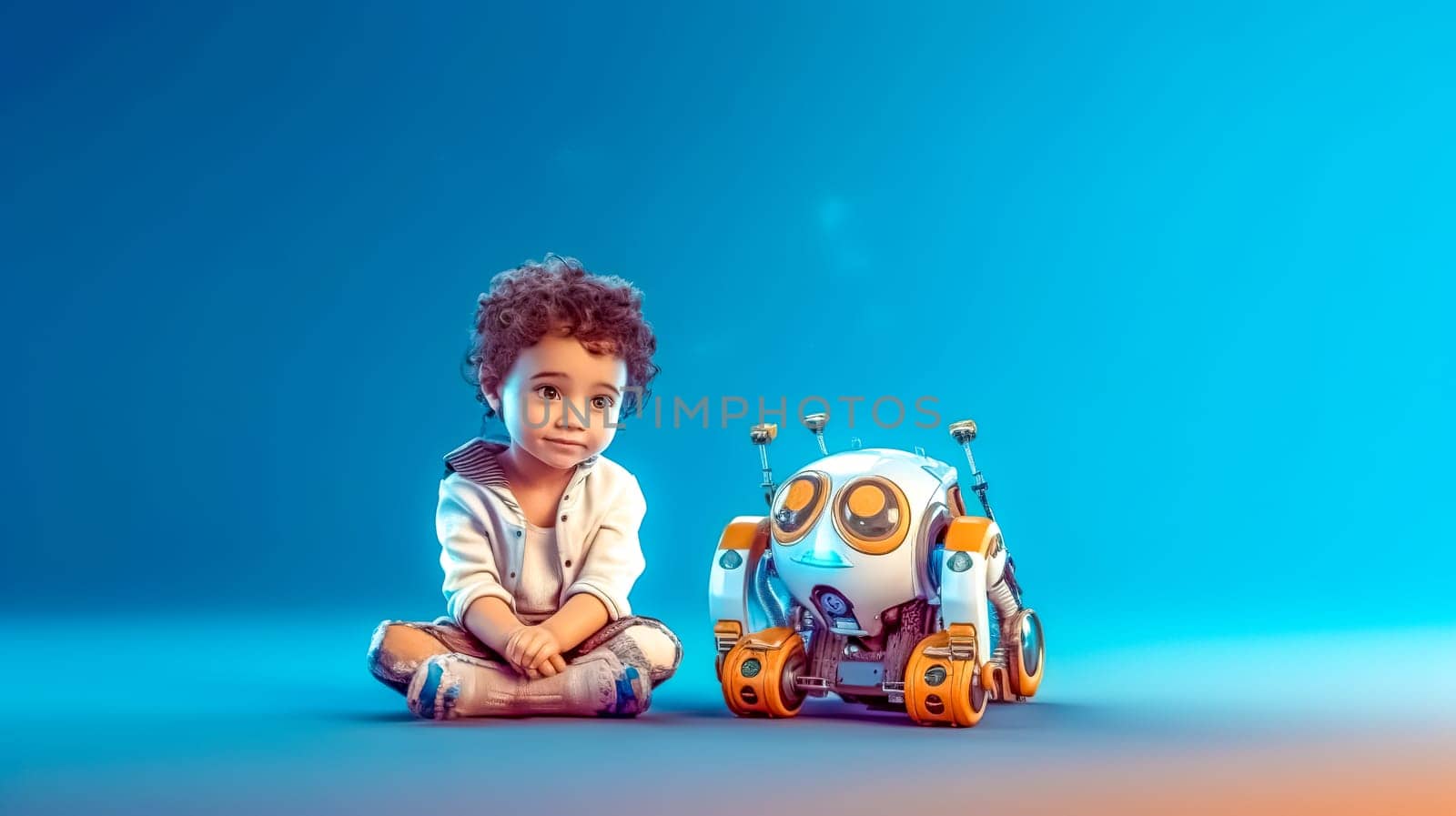 child and robot, the concept of a new generation of children growing up with modern technologies, learning from a robot, banner, made with Generative AI. High quality illustration